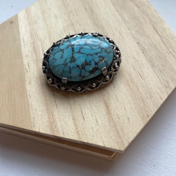 Vintage Turquoise And Pewter Brooch. By Miracle England - Picture 4 of 6